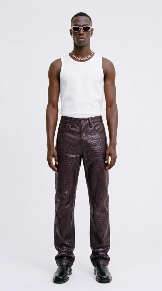 The Noir Serpent Matte — Python-Embossed Leather Straight-Leg Jeans