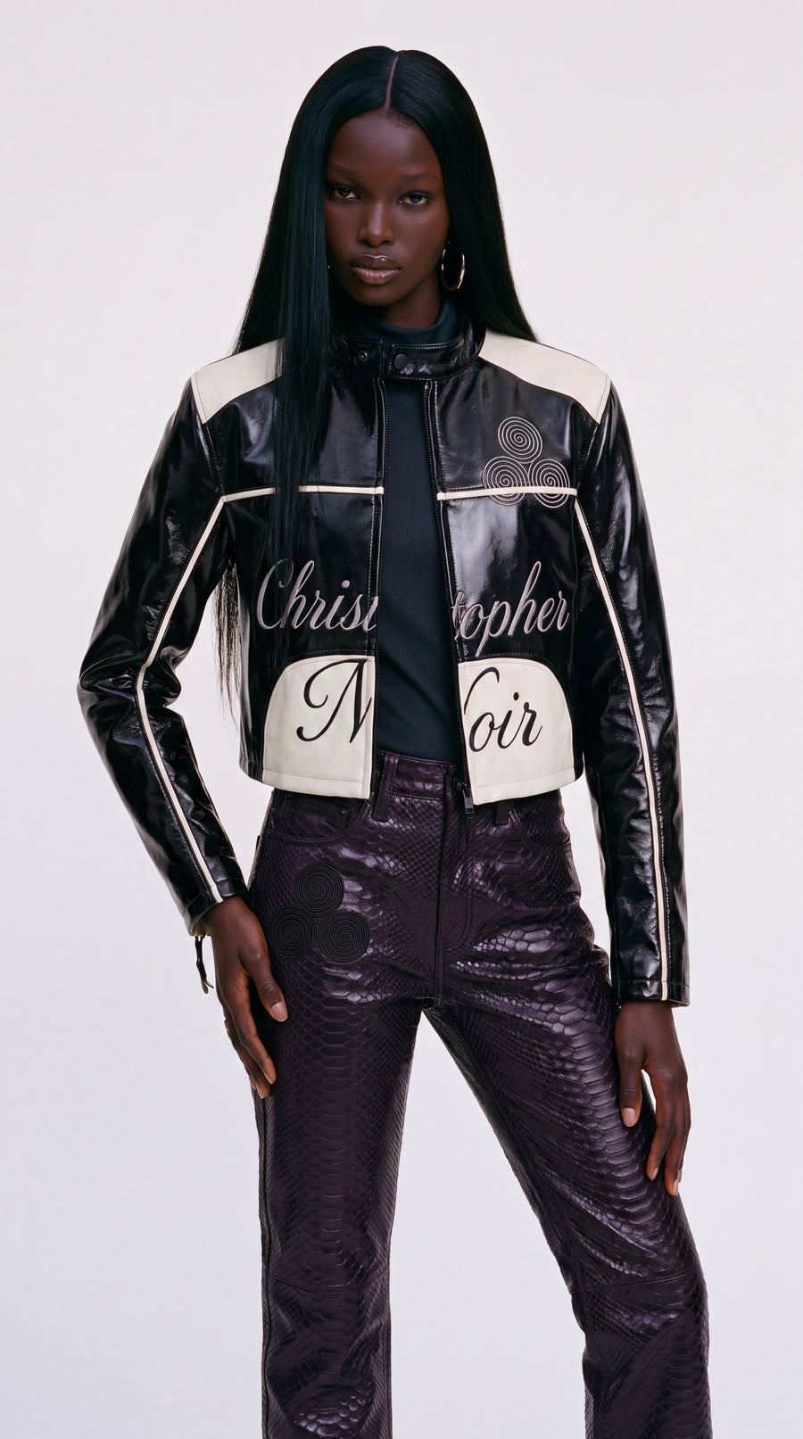 Noir statement jacket in patent vegan leather with raised embroidery — CNOIR