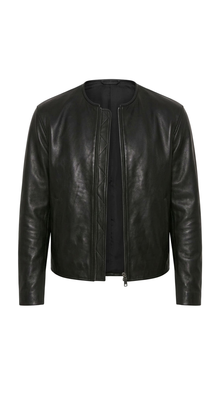 The Noir Avon — Black Cowhide Leather Collarless Biker Jacket
