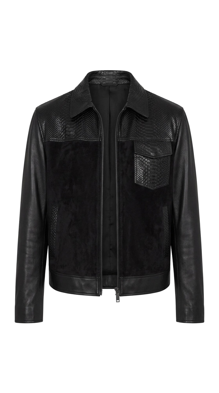 The Noir Bermondsey — Black Python-Embossed & Suede Trucker Jacket