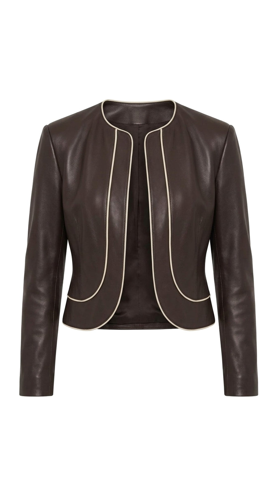 The Noir Bressay — Espresso Leather Piped Collarless Jacket