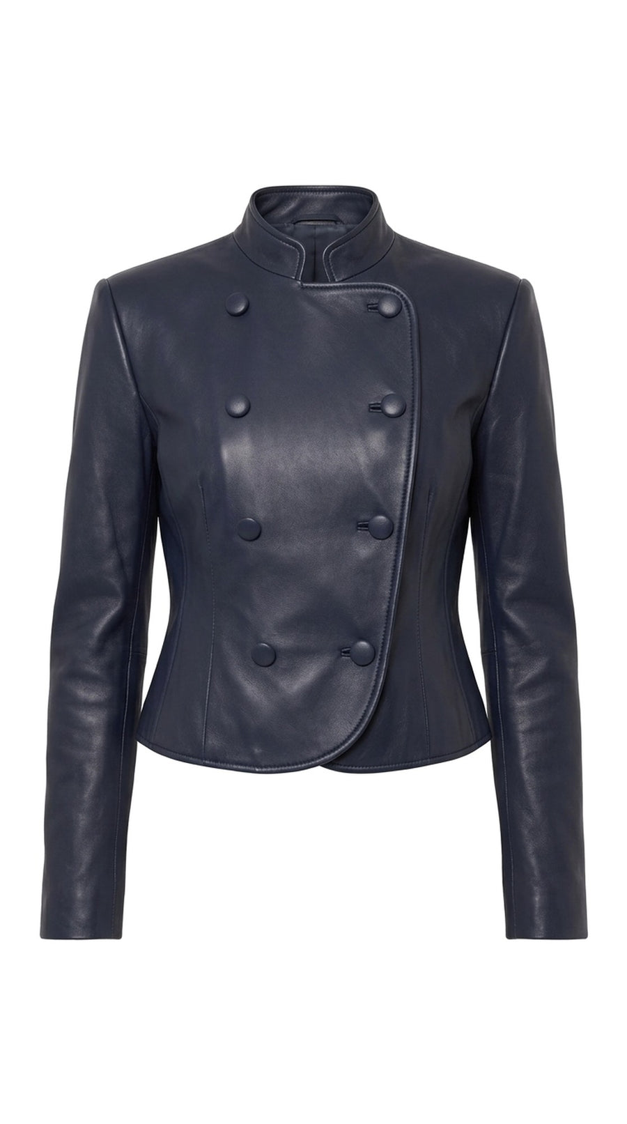 The Noir Burray — Navy Leather Double-Breasted Jacket
