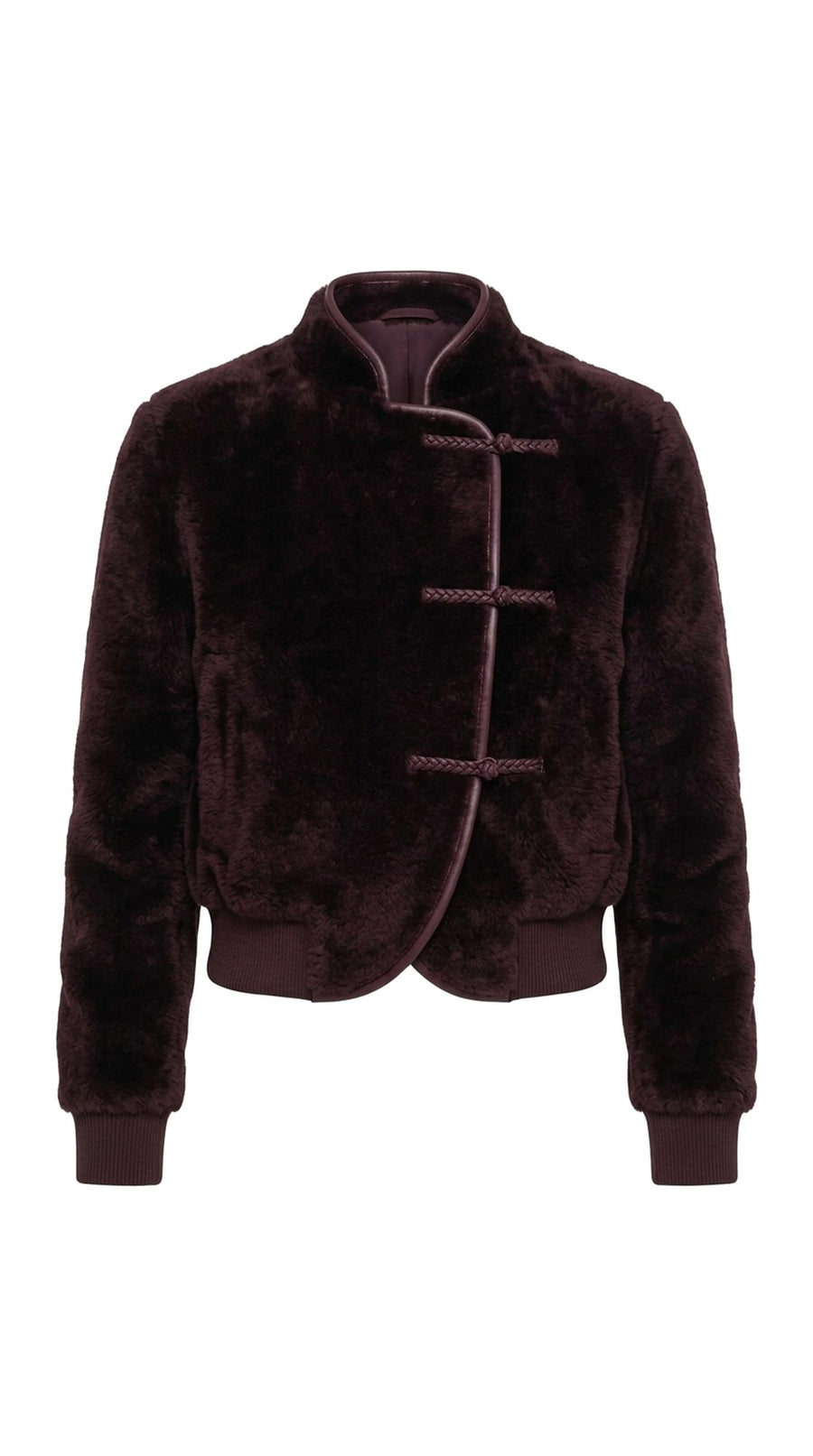 The Noir Fetlar — Plum Shearling Frog-Fastening Bomber