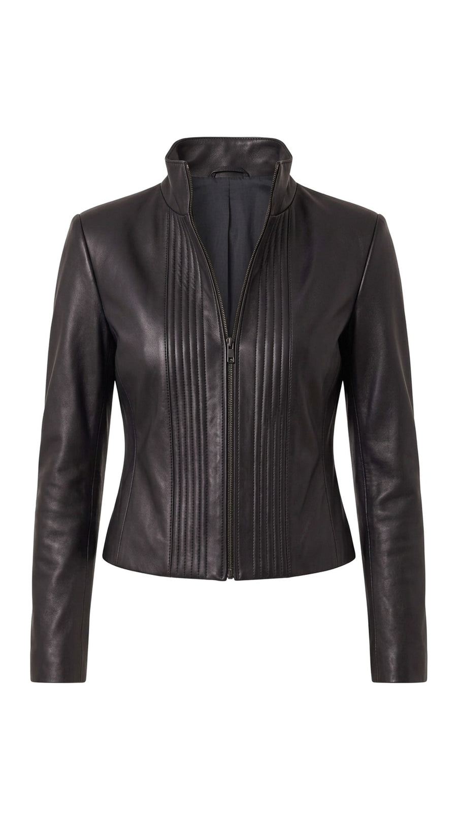 The Noir Flotta — Black Leather Channel-Stitched Funnel-Neck Jacket