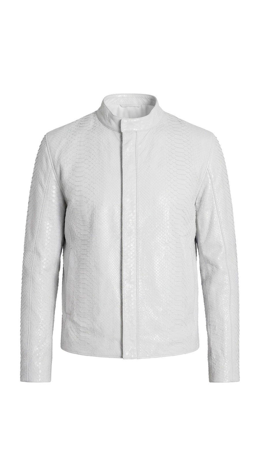 The Noir Mortlake — White Python-Embossed Leather Racer Jacket