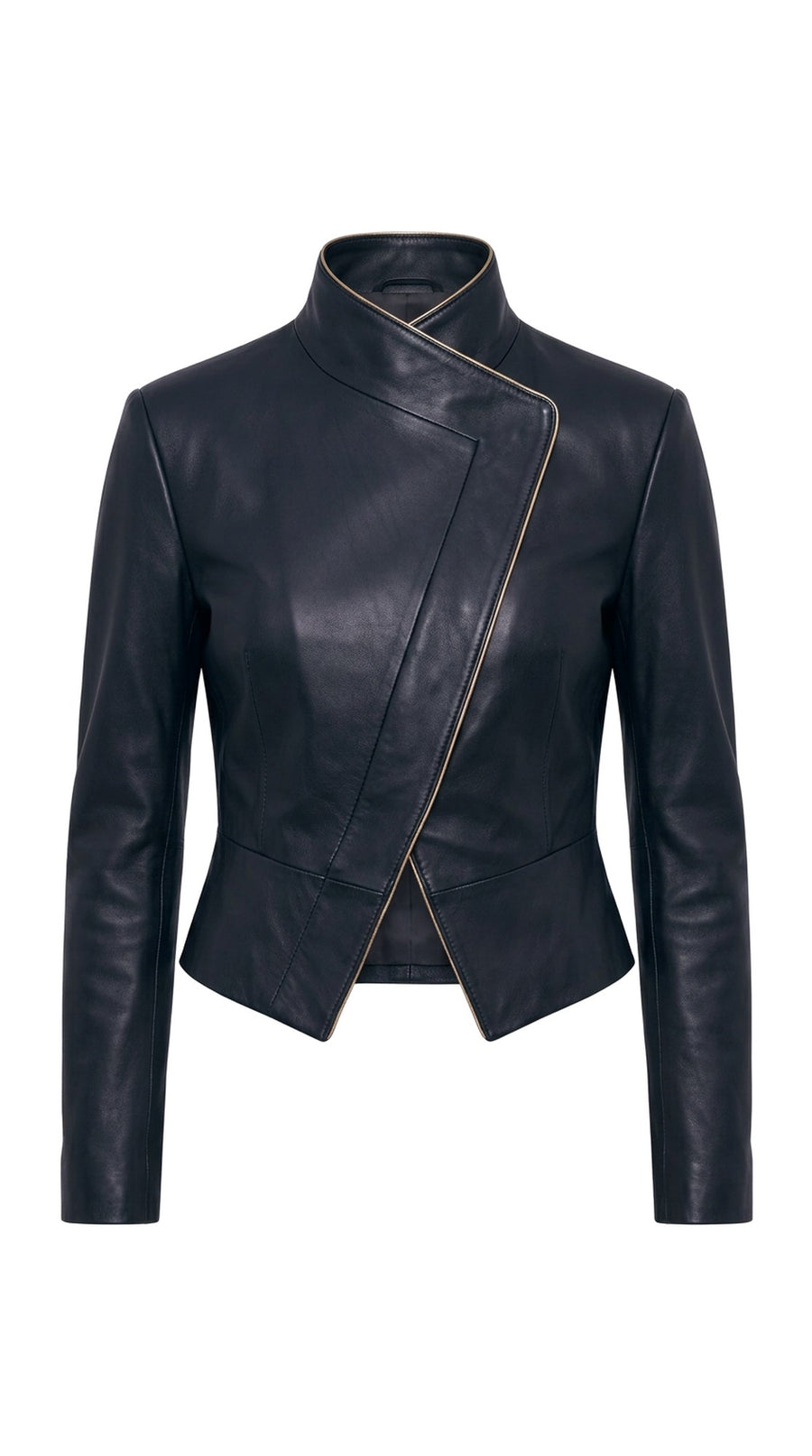 The Noir Mousa — Black Leather Gold-Piped Wrap Jacket