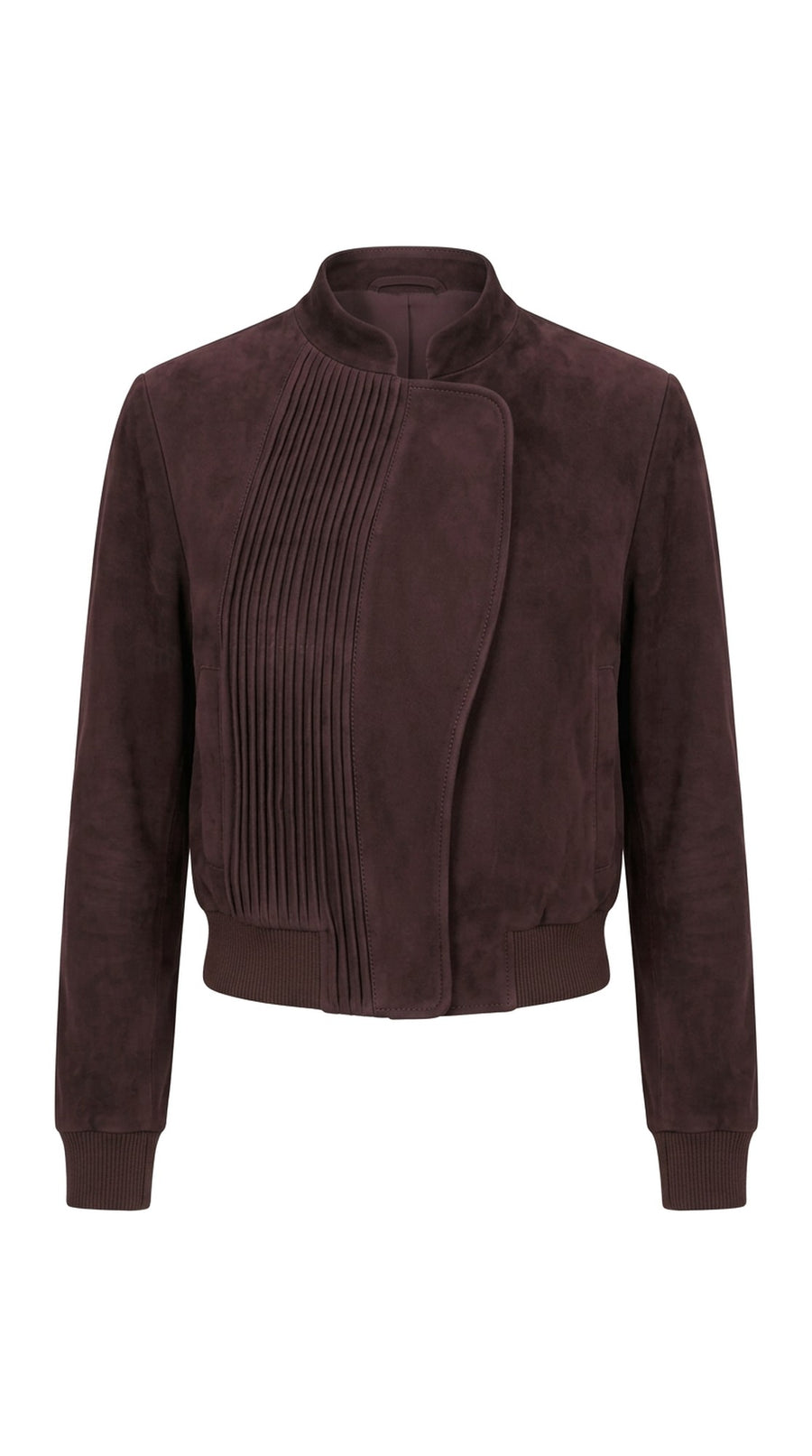 The Noir Sanday — Aubergine Suede Pleated Bomber Jacket